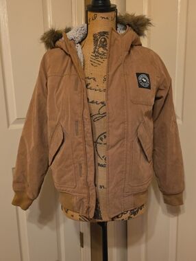 abercrombie kids Tan Hooded Bomber Jacket with Faux-Fur Trim